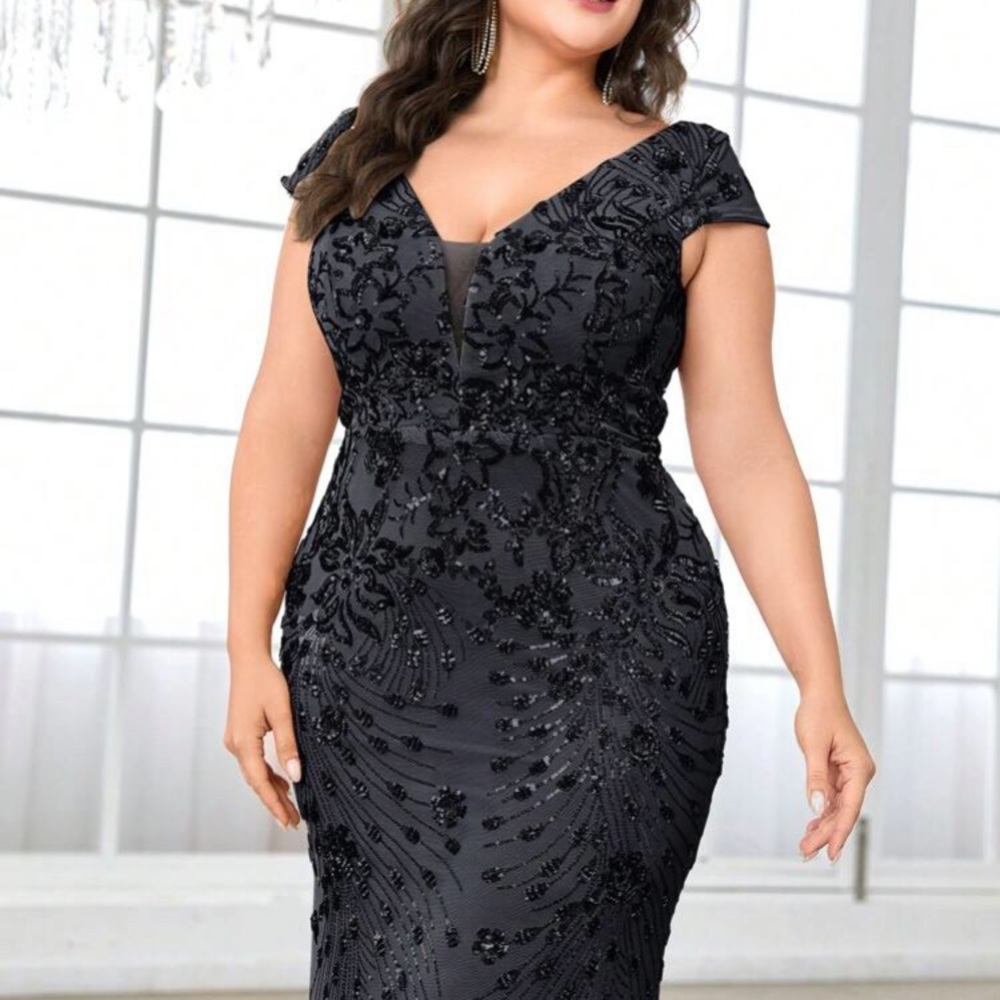 Luxe plus V neck sequin formal evening party dress - Picture 4 of 6